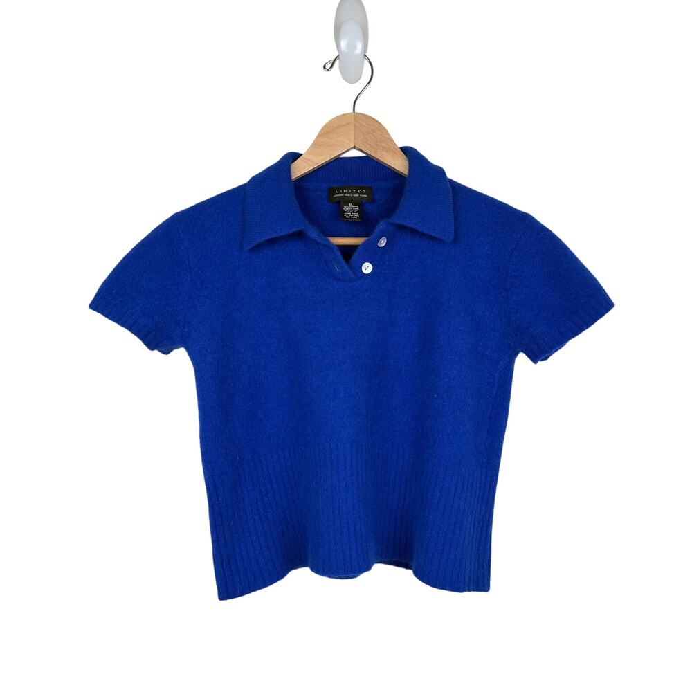 Vintage The Limited Angora Rabbit Hair Polo Sweater Top Cobalt Blue Cropped XL